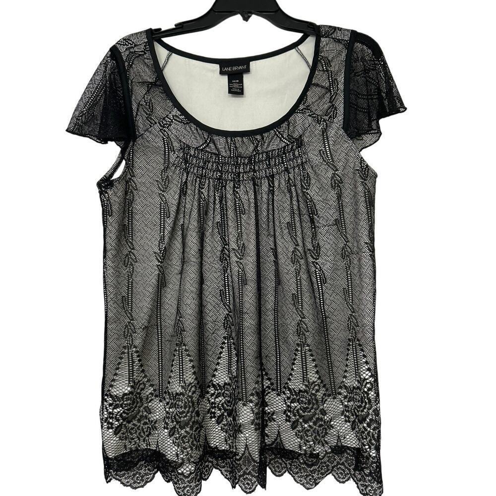 Lane Bryant Black Mesh Overlay Flutter Sleeve Lac… - image 1